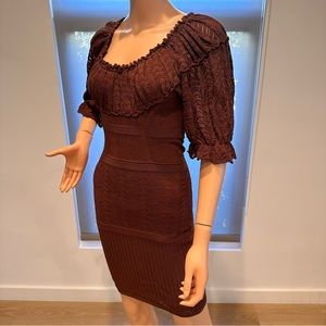 Catherine Malandrino Sz P Brown KNIT FITTED Dress W PUFF SLV CROCHET GREAT COND